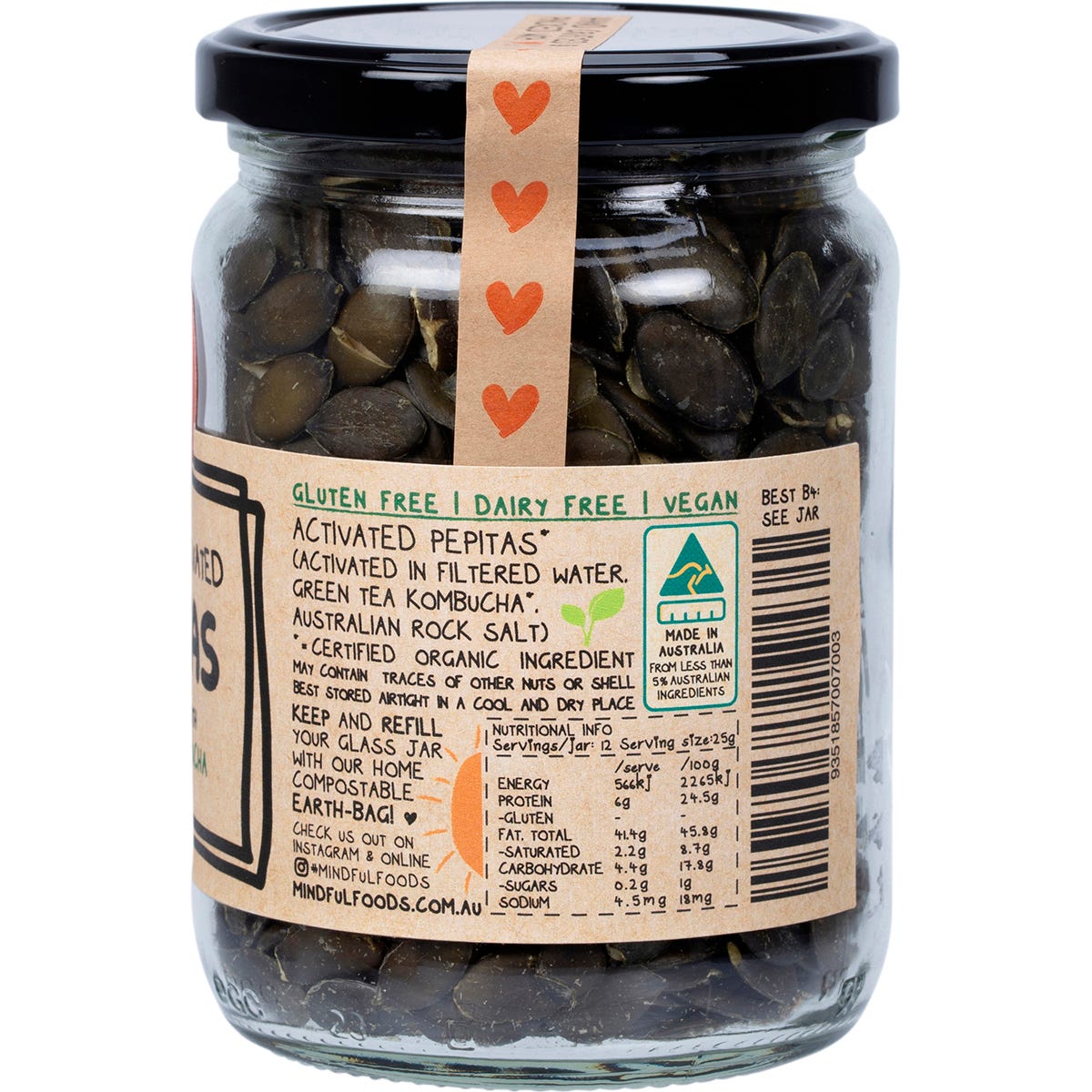 300g glass jar of Mindful Foods Organic and Activated Pepitas featuring green seeds and a white label.