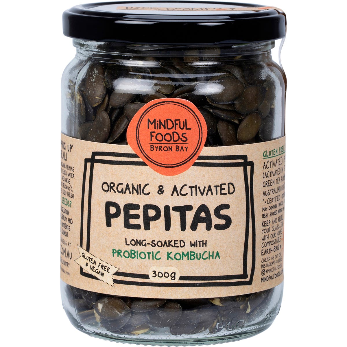 300g jar of Mindful Foods Organic & Activated Pepitas with green seeds and a minimalist white label.