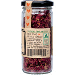 15g glass jar of organic dried rose petals featuring pink and red petals on a white background.