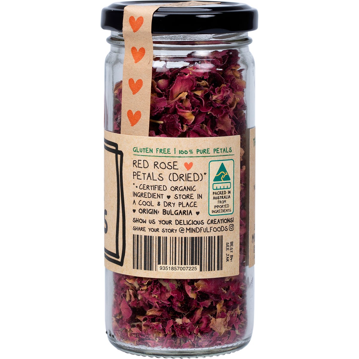 15g glass jar of organic dried rose petals featuring pink and red petals on a white background.