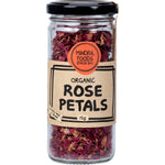 15g glass jar of Mindful Foods Organic Rose Petals featuring dried pink and red petals on a white background.