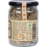 Close-up of a 300g glass jar of Mindful Foods Organic and Activated Seed Mix showing seeds and label.