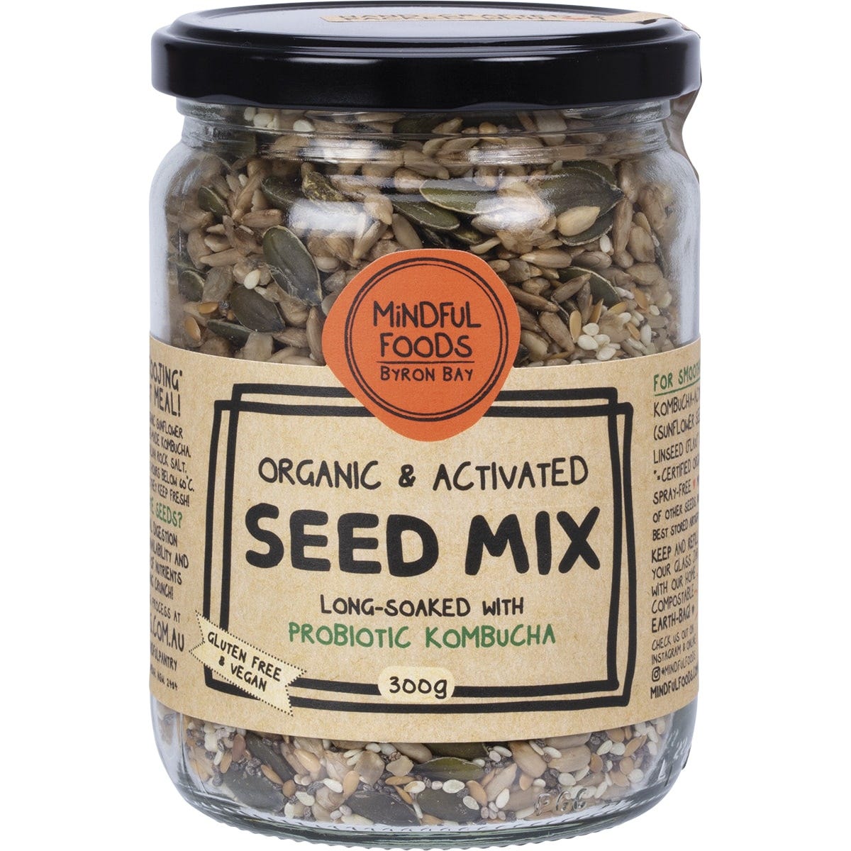 Mindful Foods 300g glass jar of organic and activated seed mix with sunflower seeds, pepitas, and chia.