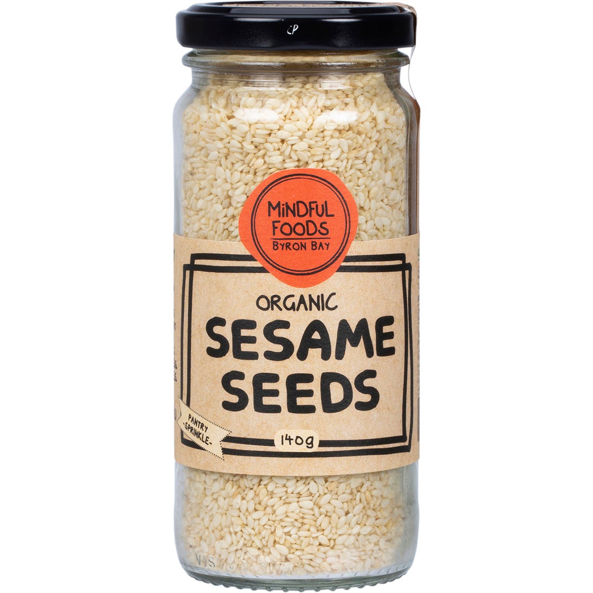 140g glass jar of Mindful Foods Organic Sesame Seeds with a white and gold label on a white background.