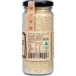 Mindful Foods Organic Sesame Seeds in a 140g glass jar with a white and gold label.