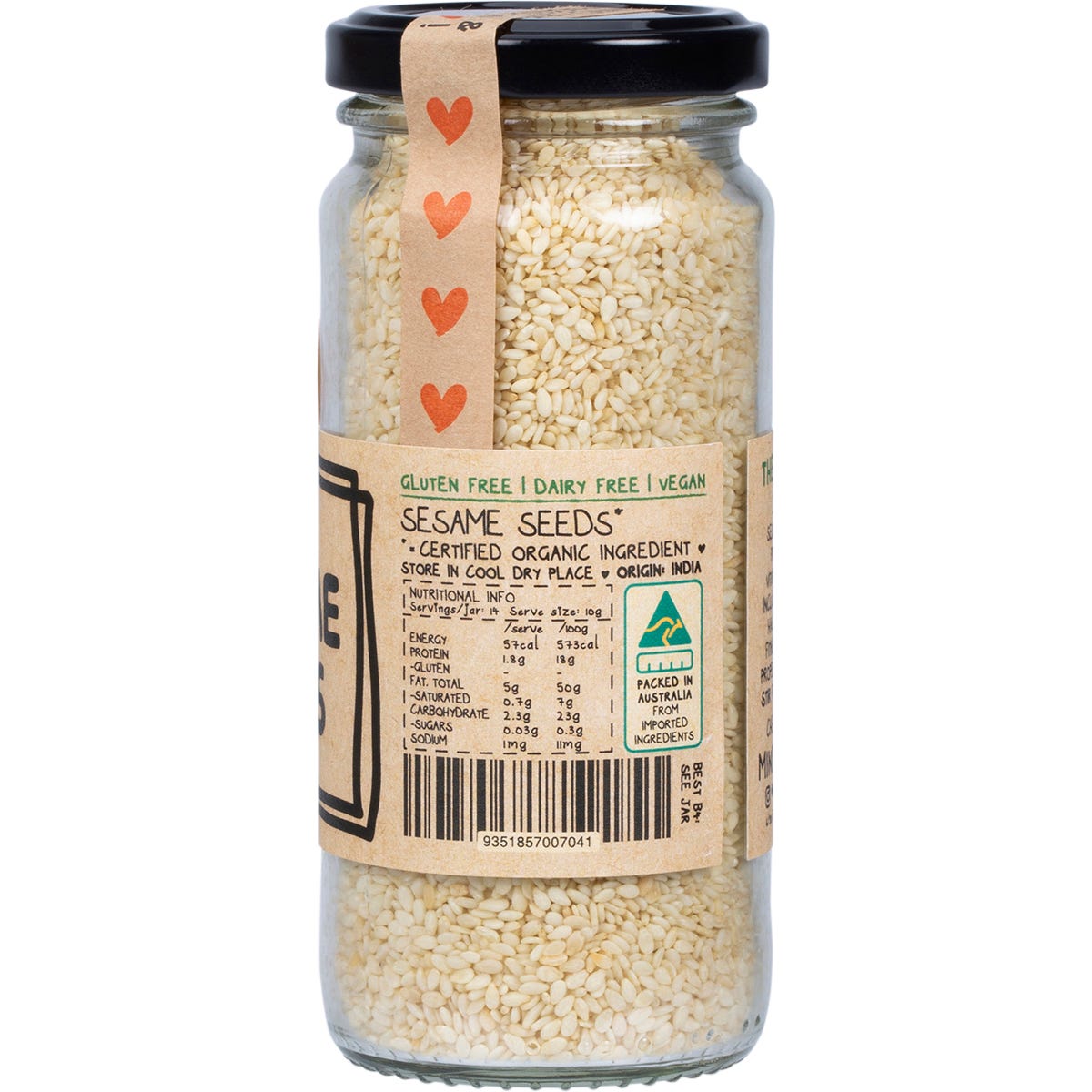 Mindful Foods Organic Sesame Seeds in a 140g glass jar with a white and gold label.