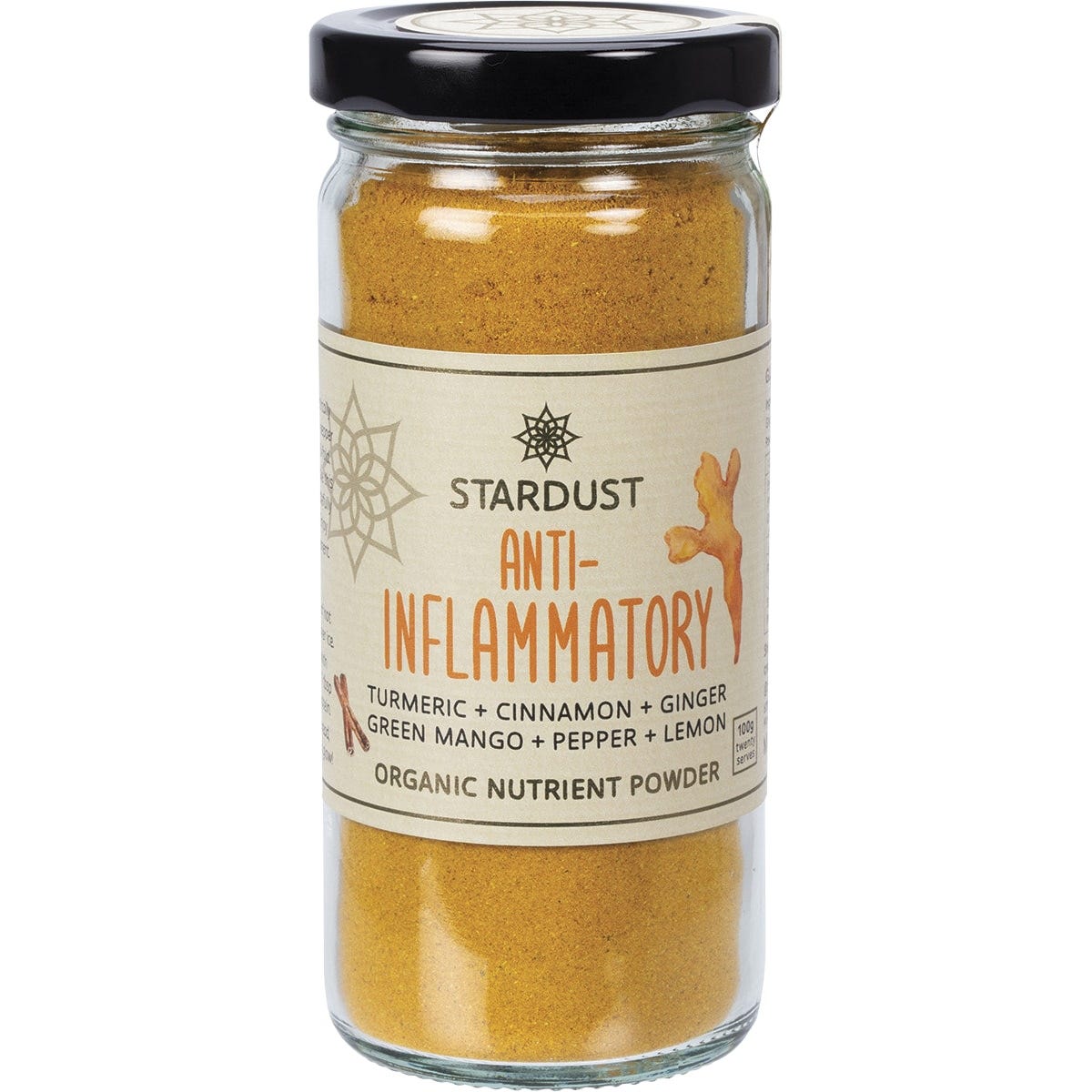 Mindful Foods Stardust Anti-Inflammatory 100g glass jar with a yellow and black label on a white background.