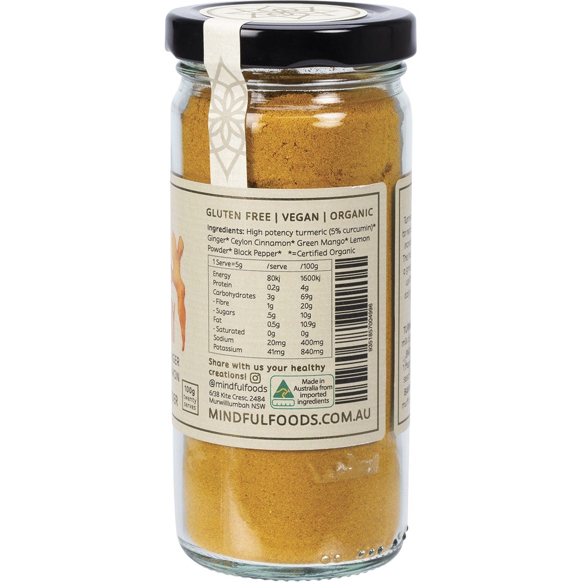 Side view of Mindful Foods Stardust Anti-Inflammatory 100g glass jar with yellow labeling and nutritional information.