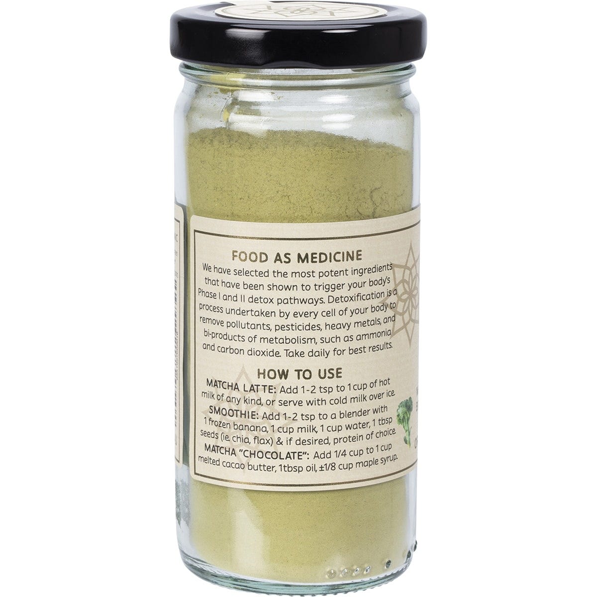 100g glass jar of Mindful Foods Stardust Detoxify Organic Nutrient Powder showing the back label and ingredients.