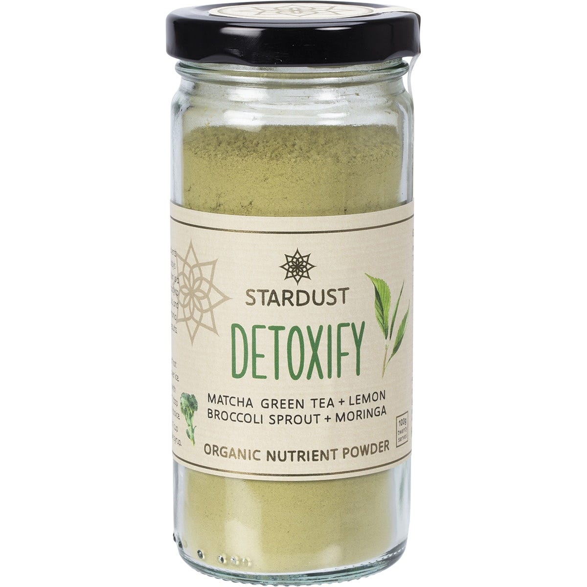 100g glass jar of Mindful Foods Stardust Detoxify Organic Nutrient Powder with a green label and matcha ingredients.