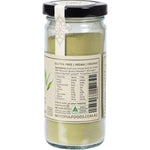 Side view of a 100g glass jar of Mindful Foods Stardust Detoxify showing natural organic ingredients and usage.