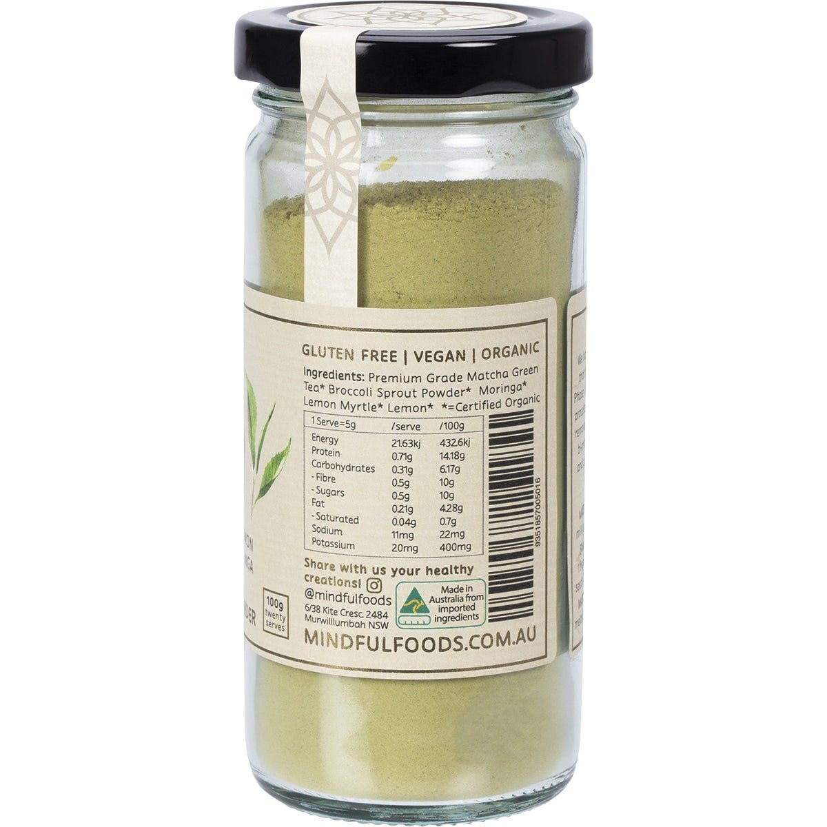 Side view of a 100g glass jar of Mindful Foods Stardust Detoxify showing natural organic ingredients and usage.