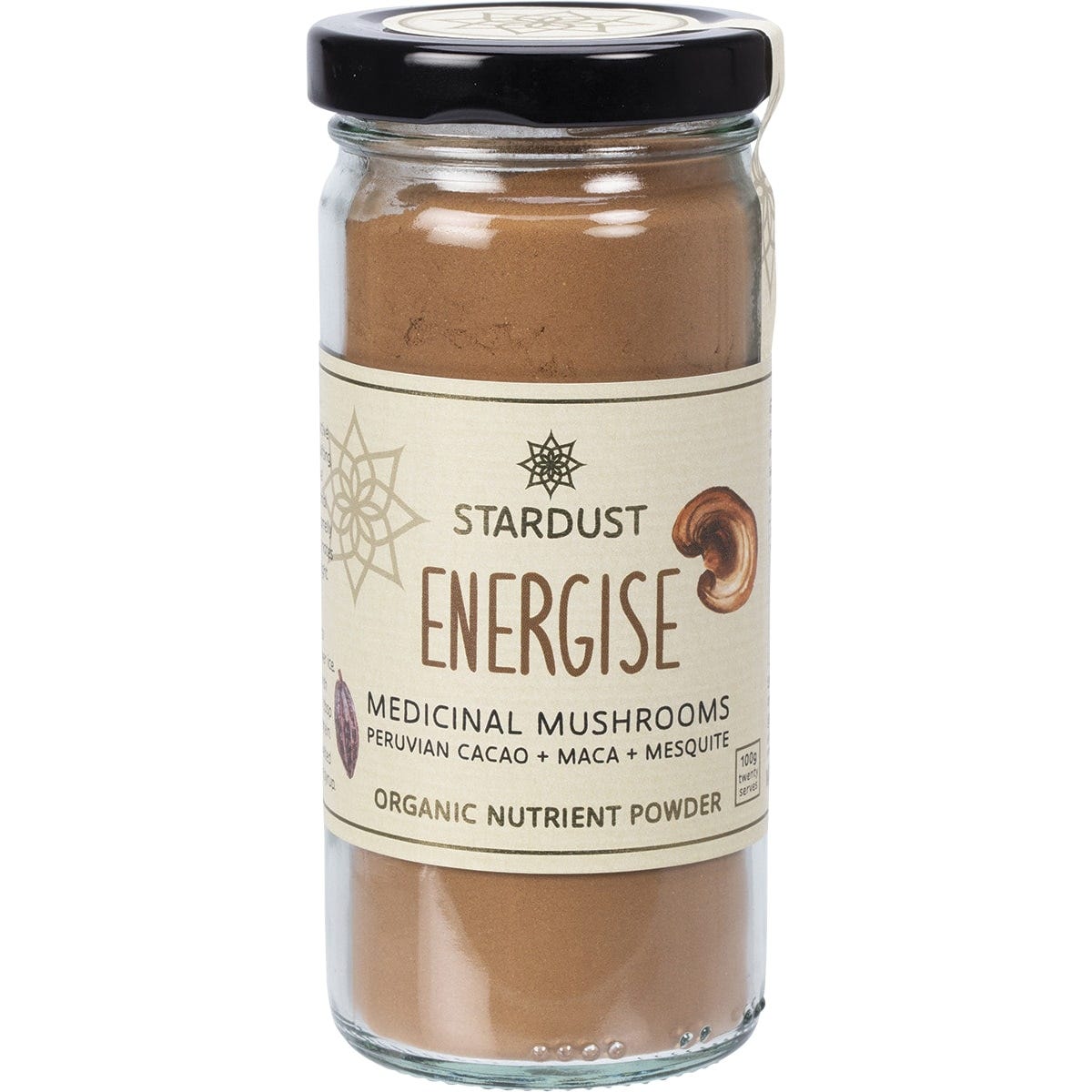100g glass jar of Mindful Foods Stardust Energise Organic Nutrient Powder featuring cacao and medicinal mushrooms.