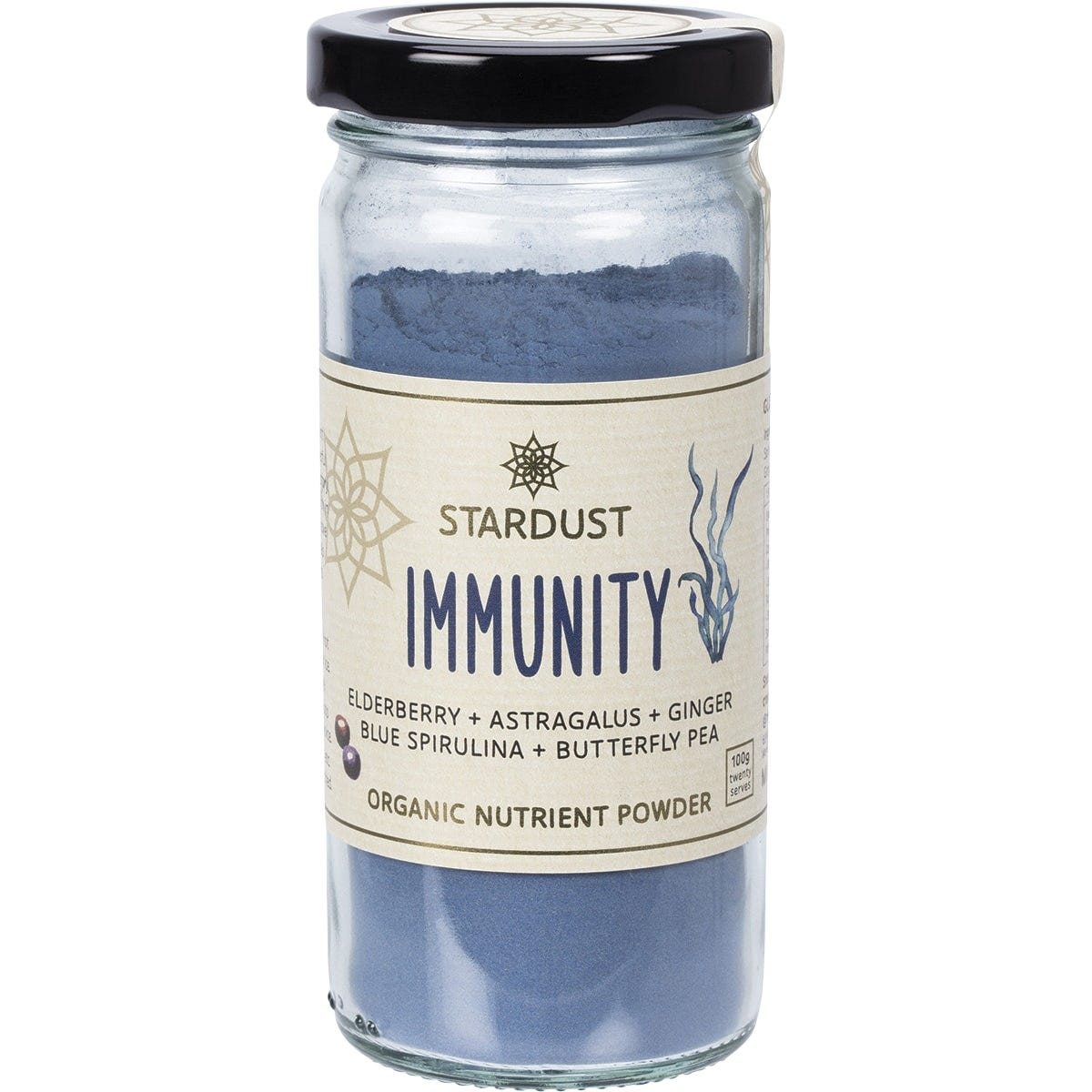 100g glass jar of Mindful Foods Stardust Immunity organic nutrient powder with a blue botanical label and metal lid.