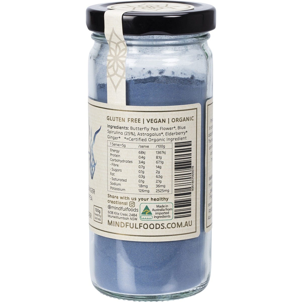 Side view of a Mindful Foods Stardust Immunity 100g glass jar highlighting its organic and botanical ingredients.