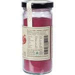 Side view of Mindful Foods Stardust Longevity 120g jar showing usage directions and ingredients on a red label.