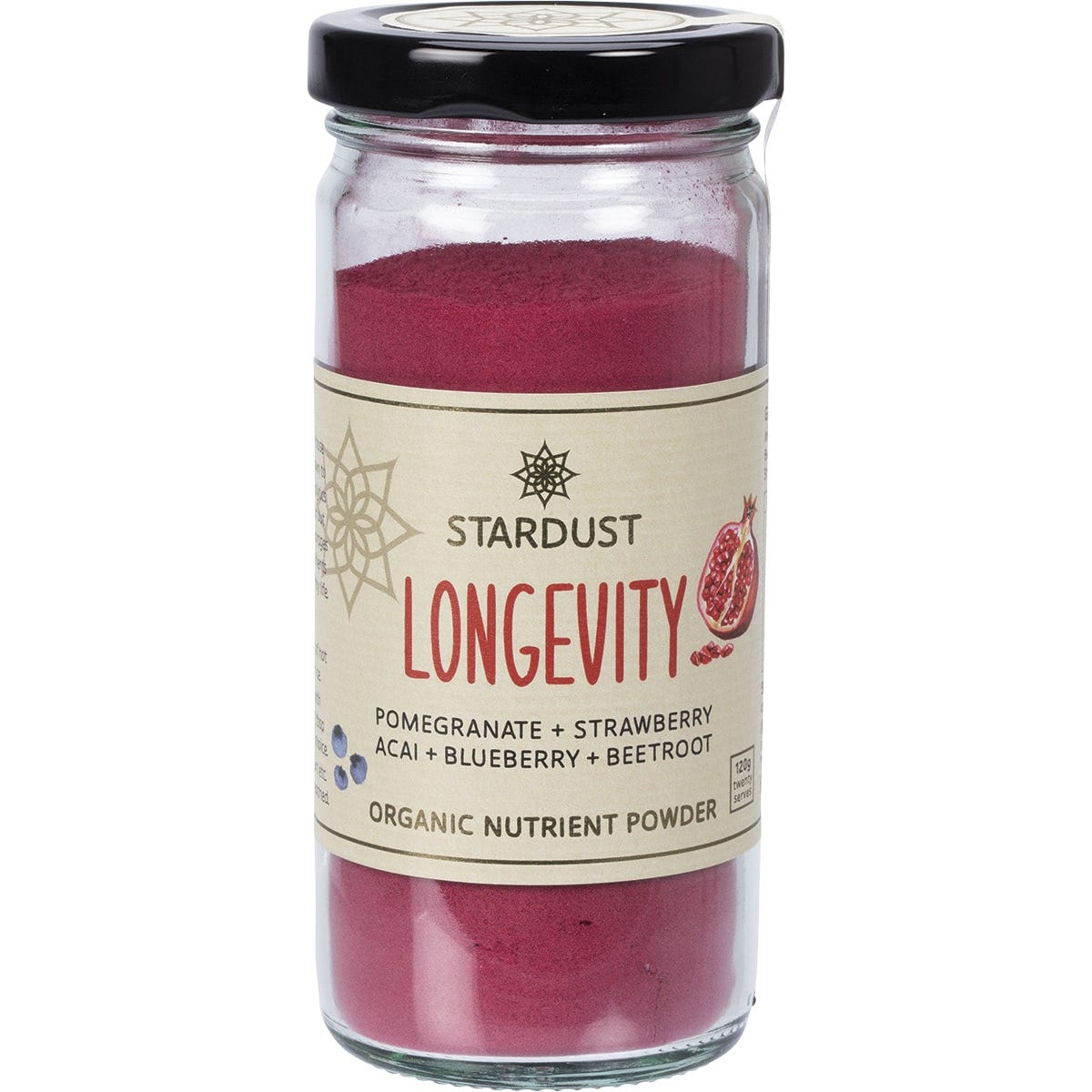 120g jar of Mindful Foods Stardust Longevity Organic Nutrient Powder with a red label and gold lid.
