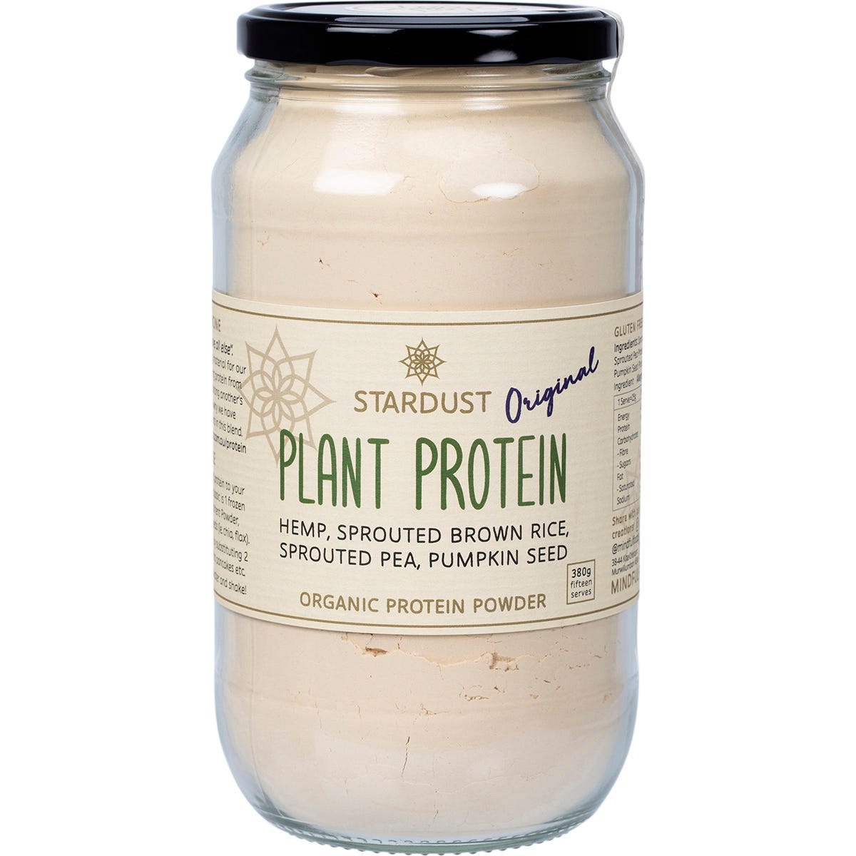 380g jar of Mindful Foods Stardust Original Plant Protein Powder with a botanical label design on a white background.