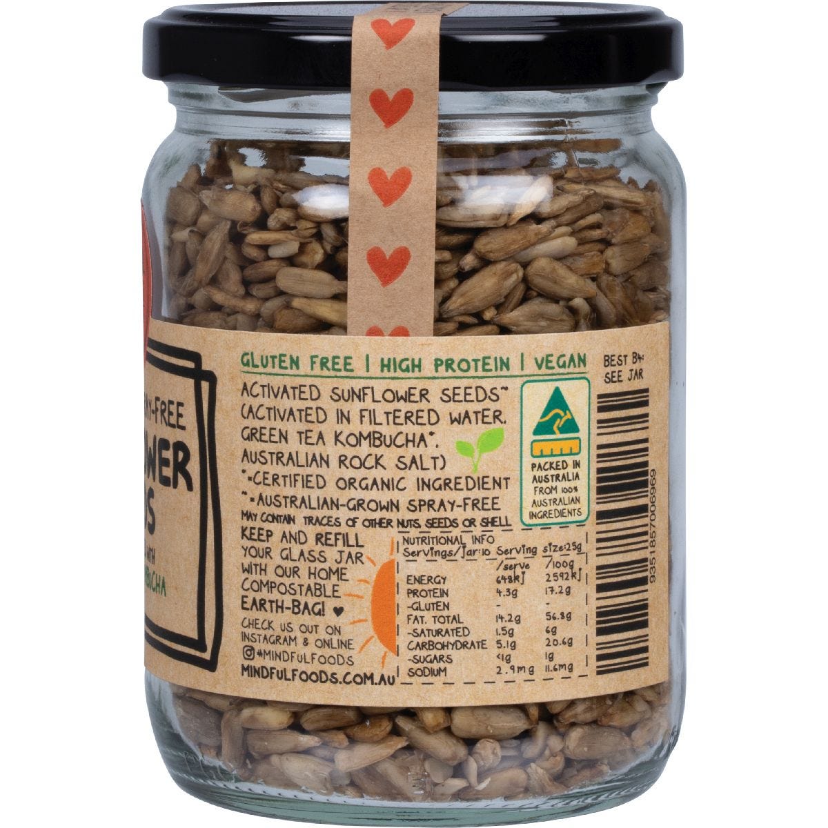 250g glass jar of Mindful Foods Organic Activated Sunflower Seeds against a white background.