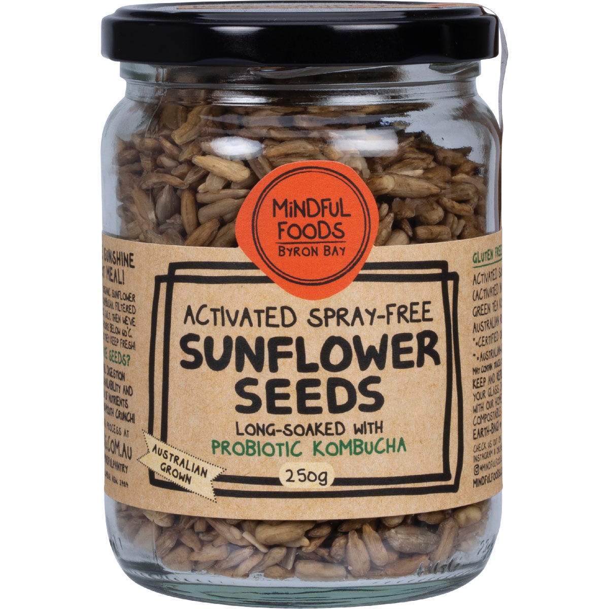 Mindful Foods Organic and Activated Sunflower Seeds in a 250g glass jar on a white background.