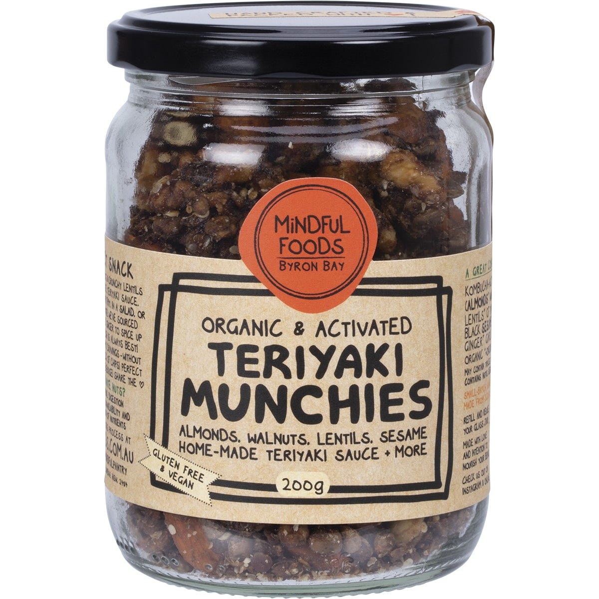200g jar of Mindful Foods Teriyaki Munchies featuring kombucha-activated nuts and seeds with a brown label.