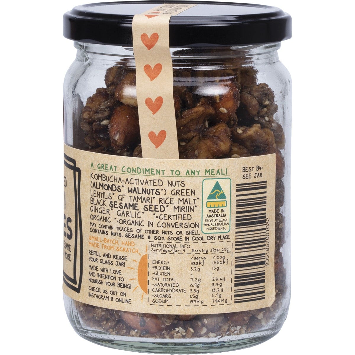 Side view of Mindful Foods Teriyaki Munchies 200g jar showing nutritional information and organic ingredients.