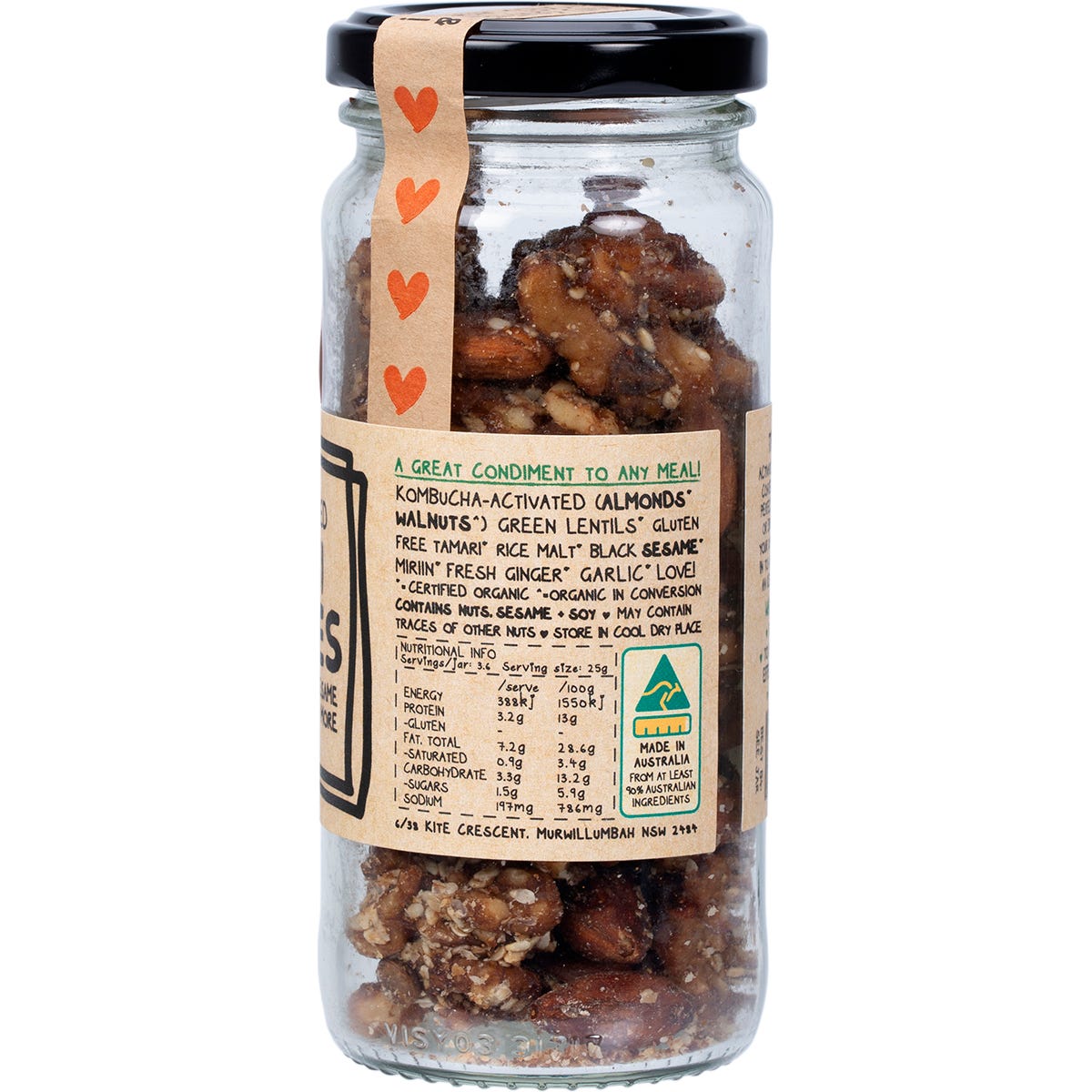 Mindful Foods Teriyaki Munchies glass jar showing organic activated nuts and lentils on a white background.