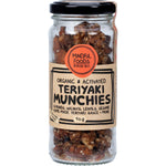 90g jar of Mindful Foods Teriyaki Munchies featuring organic activated nuts and lentils on a white background.