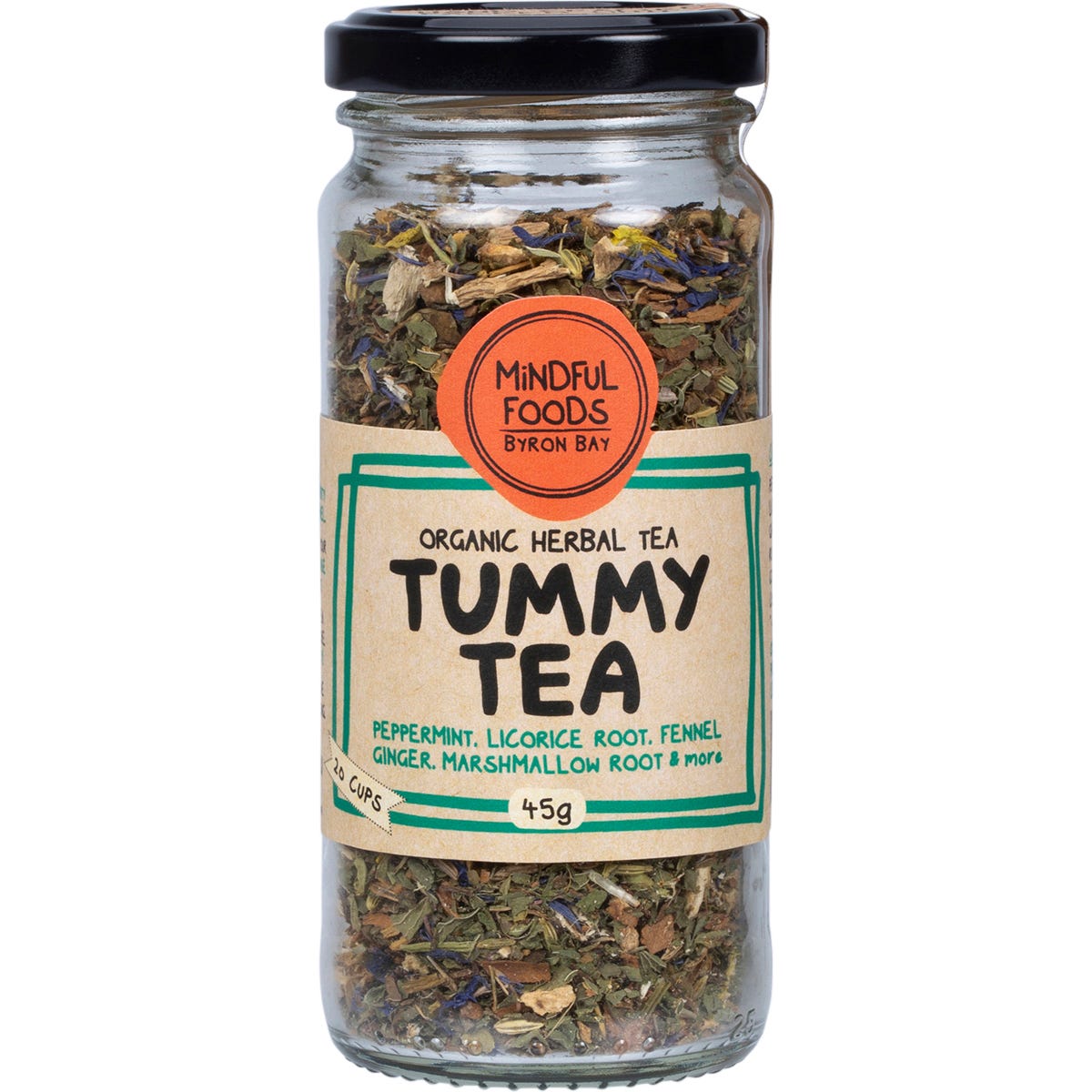 45g jar of Mindful Foods Tummy Tea Organic Herbal Tea with botanical illustrations on the label.