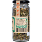 45g jar of Mindful Foods Tummy Tea Organic Herbal Tea showing the loose leaf blend of peppermint, fennel, and ginger.