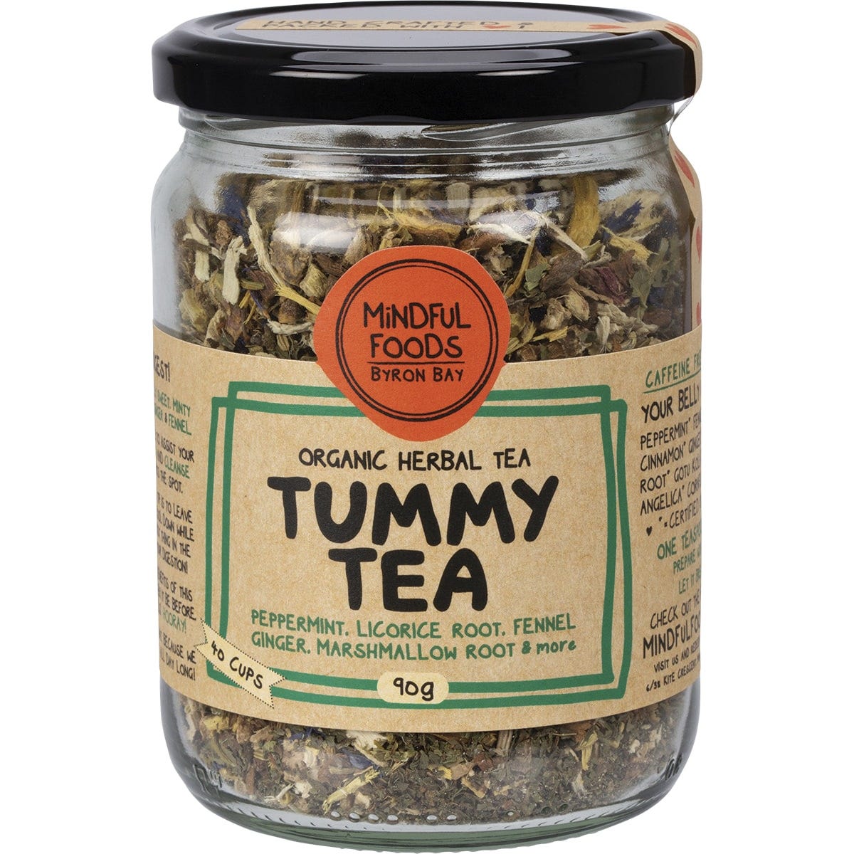 90g jar of Mindful Foods Tummy Tea Organic Herbal Tea with loose leaf blend and botanical label on white background.