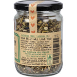 Back of 90g Mindful Foods Tummy Tea jar showing ingredients, directions, and product details on a botanical label.