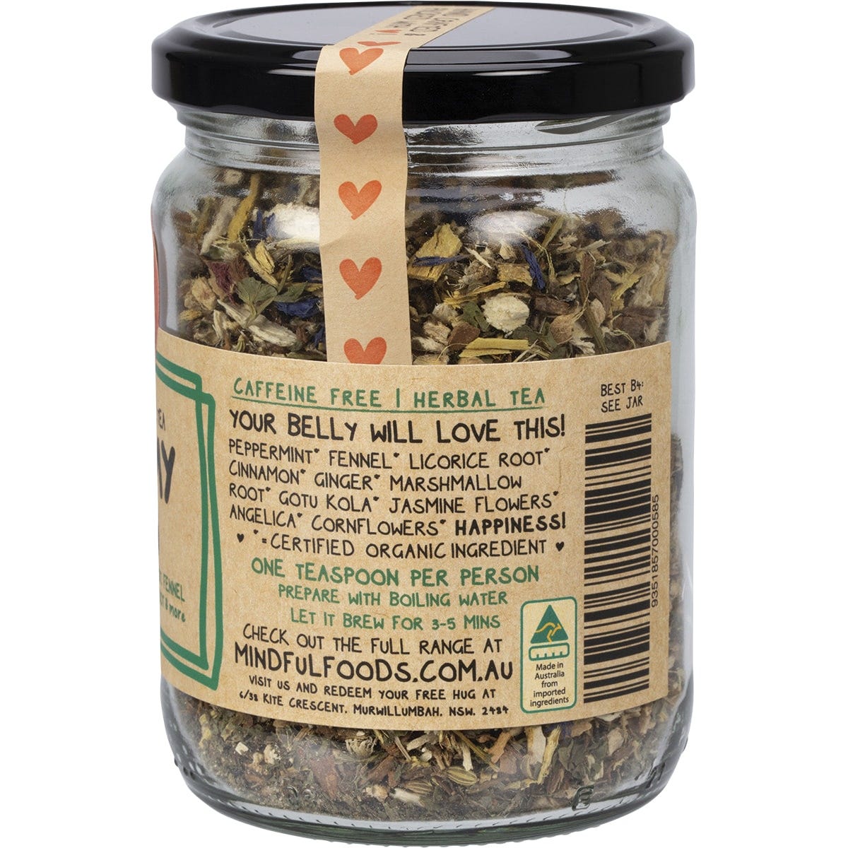 Back of 90g Mindful Foods Tummy Tea jar showing ingredients, directions, and product details on a botanical label.