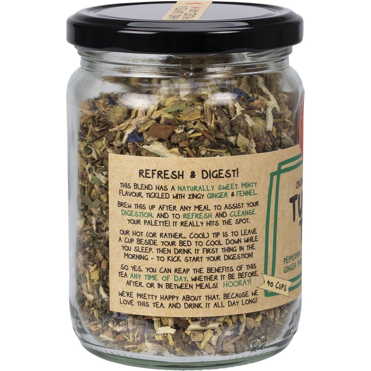 90g jar of Mindful Foods Tummy Tea loose leaf blend with a botanical label on a white background.