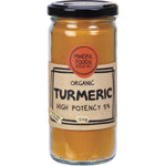 120g jar of Mindful Foods Organic Turmeric powder with a high potency 5% curcumin label on a white background.
