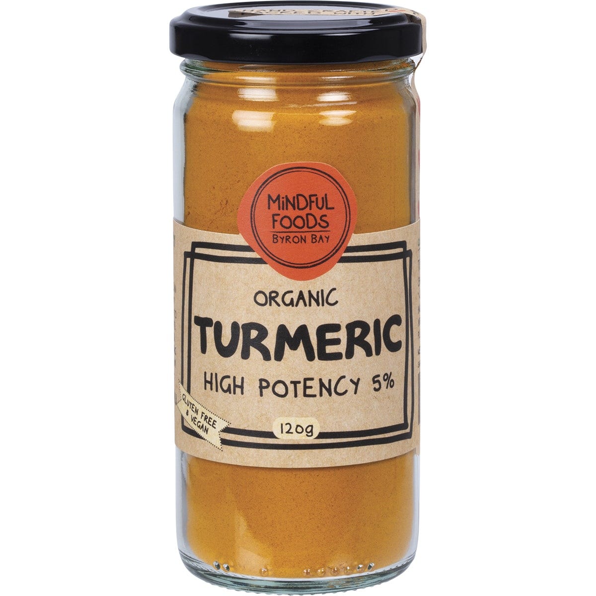 120g jar of Mindful Foods Organic Turmeric powder with a high potency 5% curcumin label on a white background.