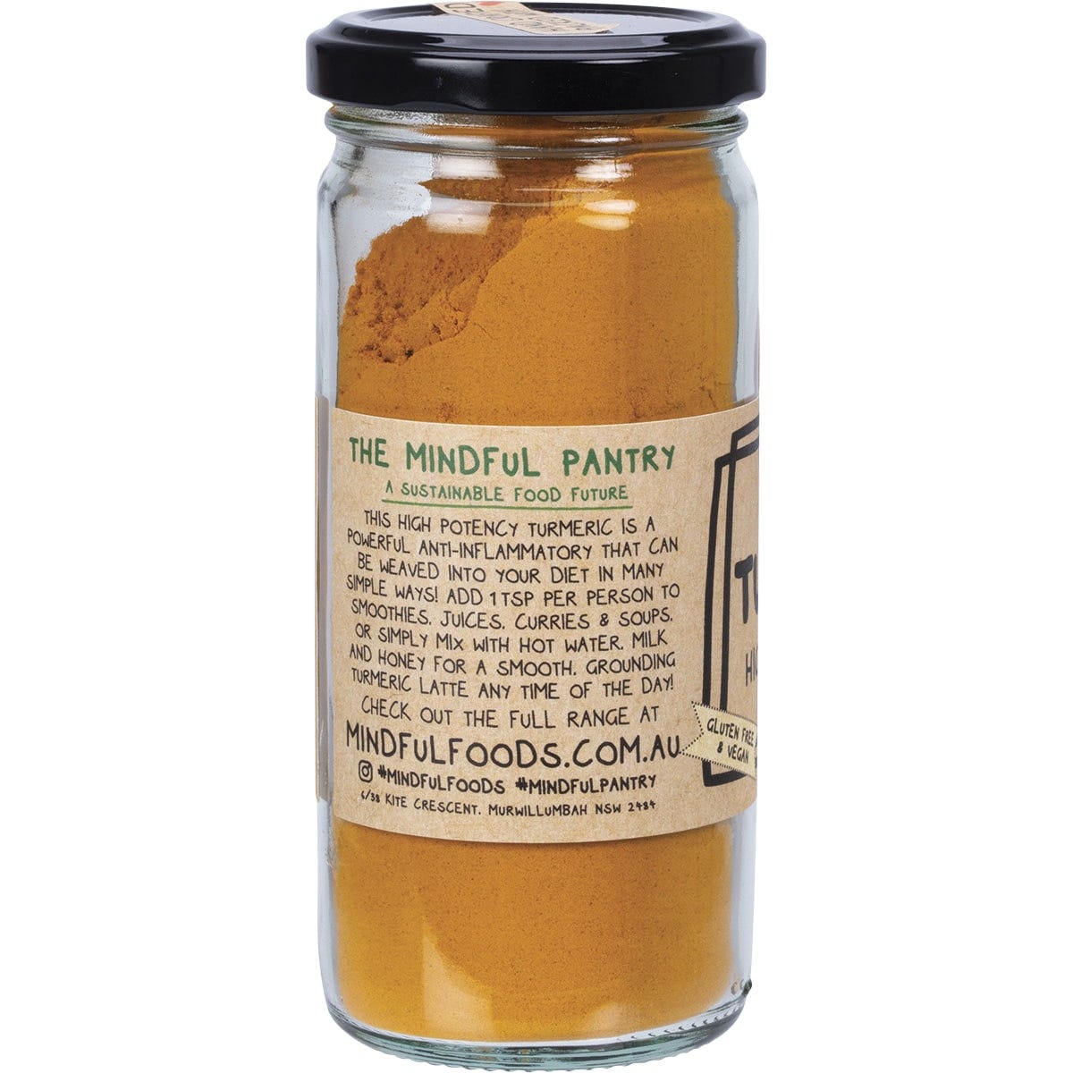 120g glass jar of Mindful Foods Organic Turmeric powder with a black lid on a white background.