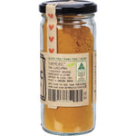 Side view of a Mindful Foods Organic Turmeric 120g jar showing nutrition facts and organic certification.