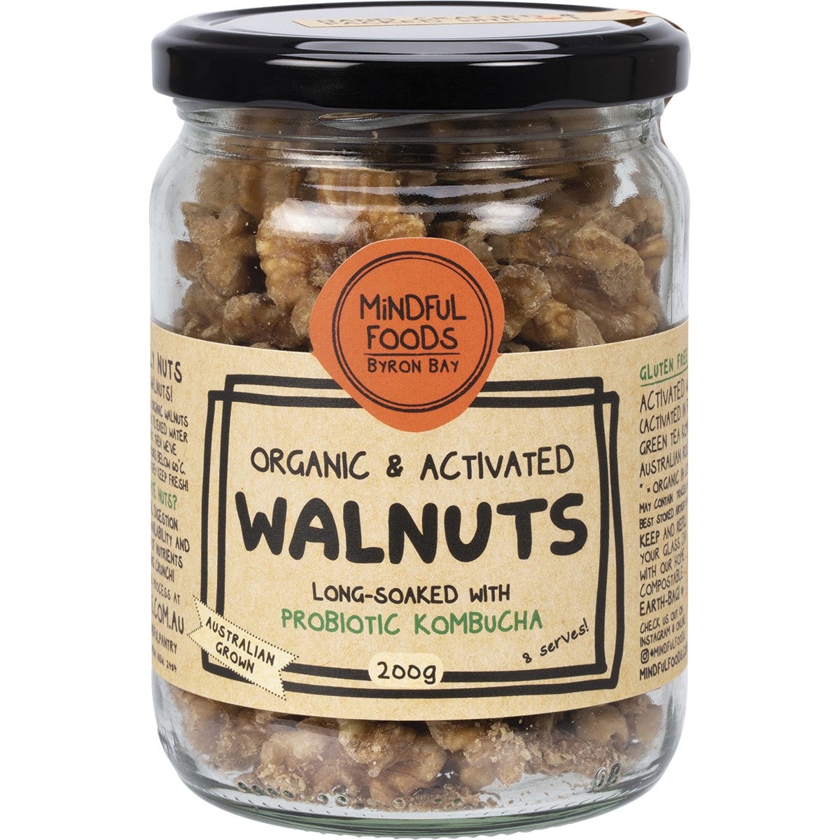 200g jar of Mindful Foods Organic & Activated Walnuts, featuring a black label with a mandala design.