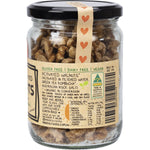 Close-up of Mindful Foods Organic & Activated Walnuts in a 200g glass jar with a black and gold mandala label.