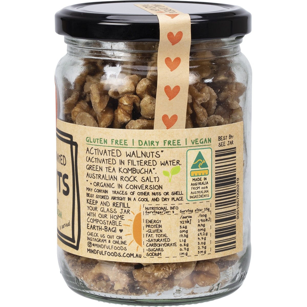 Close-up of Mindful Foods Organic & Activated Walnuts in a 200g glass jar with a black and gold mandala label.