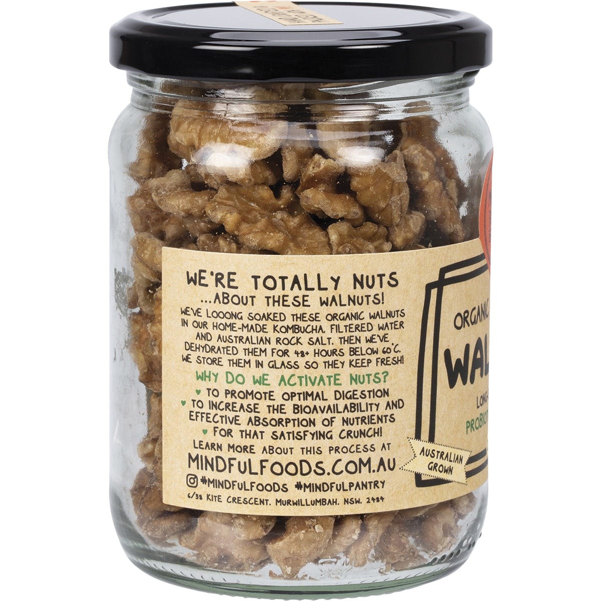 Mindful Foods Organic and Activated Walnuts in a 200g glass jar with a black mandala label.