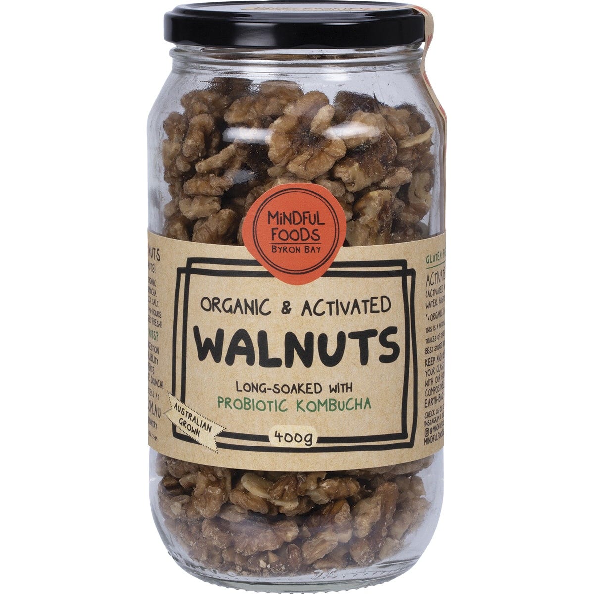 400g jar of Mindful Foods Organic and Activated Walnuts featuring a green botanical label on a white background.