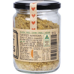 Side view of a Mindful Foods Yeast Flakes 100g glass jar highlighting the black and gold label.