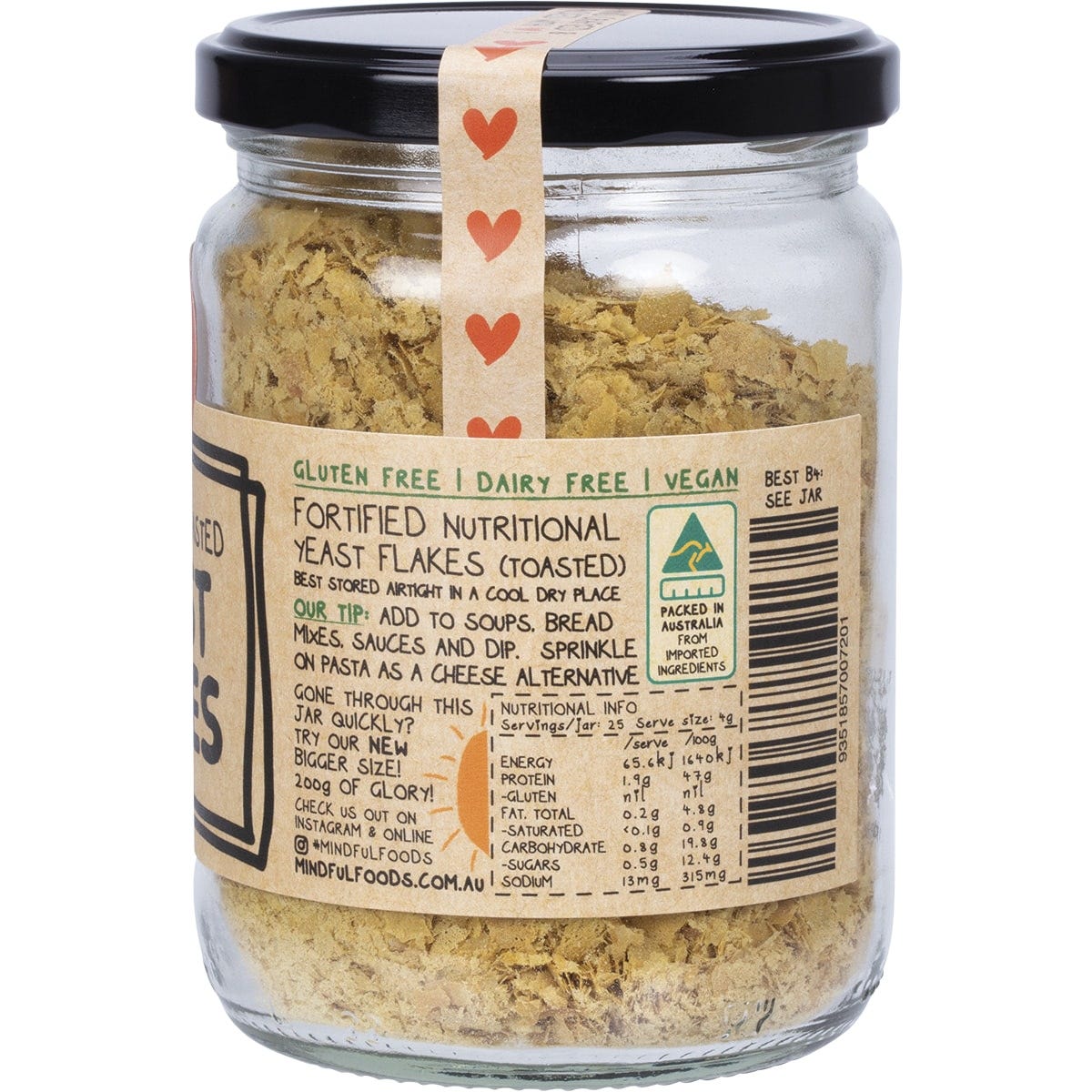 Side view of a Mindful Foods Yeast Flakes 100g glass jar highlighting the black and gold label.
