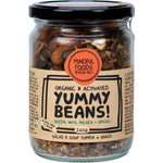 A 260g glass jar of Mindful Foods Yummy Beans, featuring organic activated nuts, seeds, and pulses.