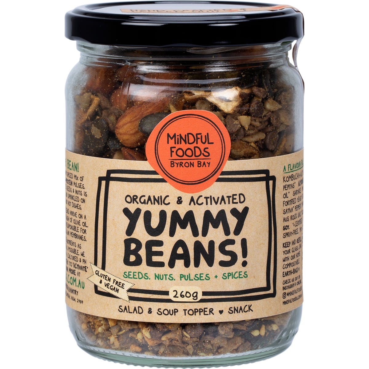 A 260g glass jar of Mindful Foods Yummy Beans, featuring organic activated nuts, seeds, and pulses.