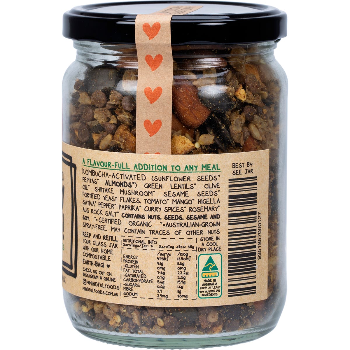 Mindful Foods Yummy Beans in a glass jar with organic activated nuts, seeds, and pulses.