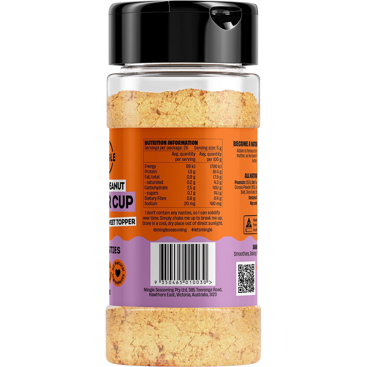 Side view of Mingle Adam's Peanut Butter Cup Sweet Topper 130g bottle highlighting product features and usage.