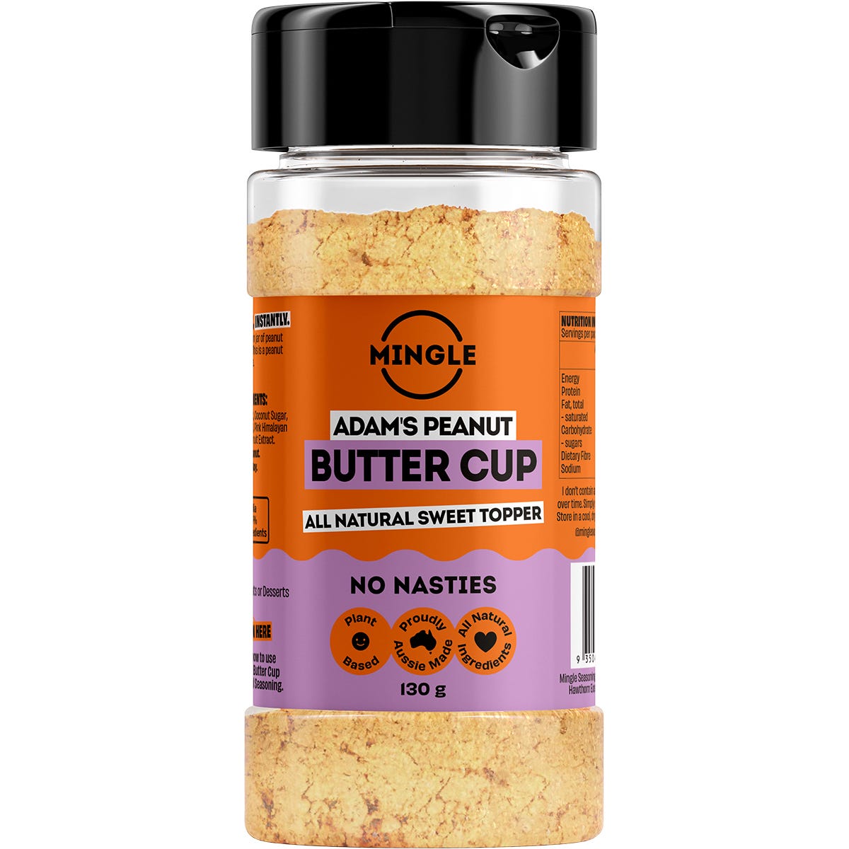 130g bottle of Mingle Adam's Peanut Butter Cup All Natural Sweet Topper on a white background.